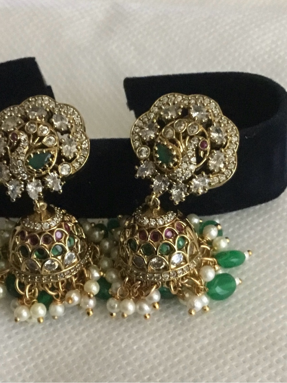 Gold-tone Green and White Jhumka Earrings - Elegant Women's Jewelry